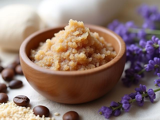 Tekstur skrub badan semula jadi yang mewah dalam mangkuk kayu, dikelilingi bahan-bahan organik seperti biji kopi, bunga lavender, dan beras.