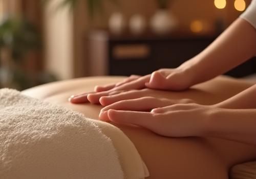 Seorang wanita sedang menikmati urutan di spa dengan latar belakang suasana menenangkan, menunjukkan gabungan lulur dan urutan.