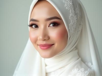 Pengantin Melayu tersenyum lembut dengan solekan natural dan tudung putih lace yang elegan untuk majlis akad nikah.