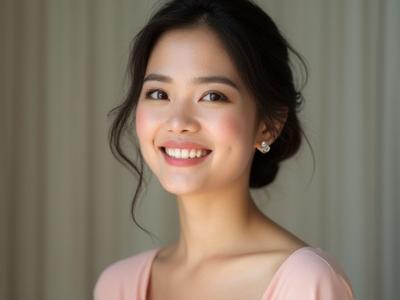 Wanita muda dalam gaun bridesmaid dengan solekan lembut dan gaya rambut ala ikatan, tampil menawan.