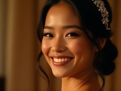 Pengantin yang memukau dengan solekan glamor, mata yang ditekankan dan aksesori rambut berkilauan untuk resepsi malam.