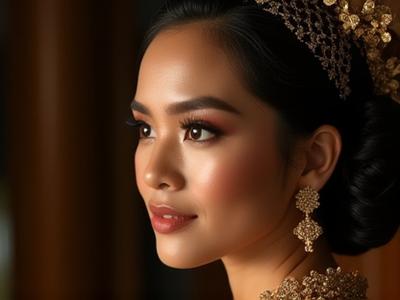 Pengantin dalam persalinan tradisional Melayu dengan solekan klasik dan sanggul kemas, memancarkan keindahan budaya.