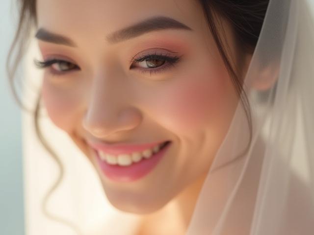 Close-up pengantin wanita Melayu tersenyum dengan solekan perkahwinan yang anggun dan kemas, menonjolkan kejelitaan semula jadi.
