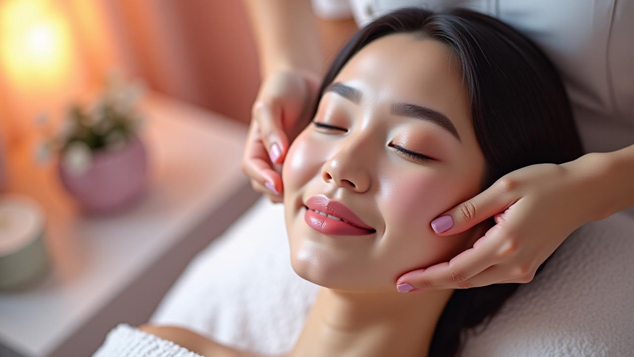 Seorang wanita menikmati urutan muka dalam suasana spa yang tenang