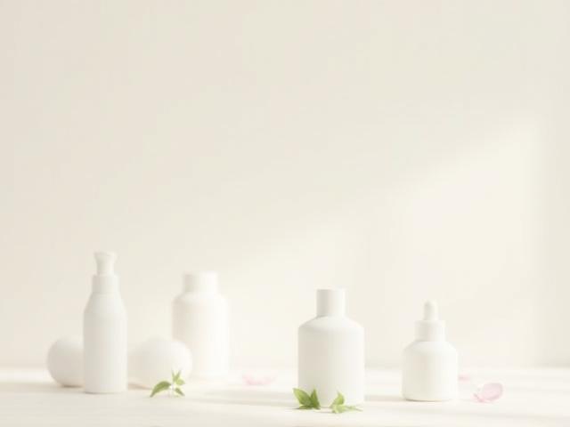 Produk penjagaan kulit minimalis dalam botol kaca yang bersih