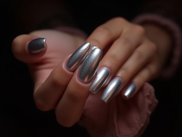Kuku gel panjang dengan efek chrome mengkilap warna perak.