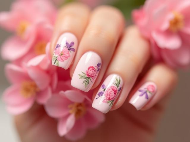 Kuku gel dengan lukisan bunga halus pelbagai warna.