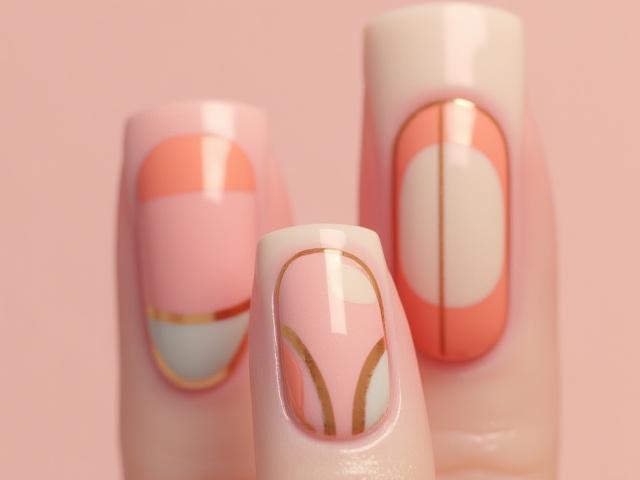 Seni kuku geometrik dengan warna pastel dan garis bersih.