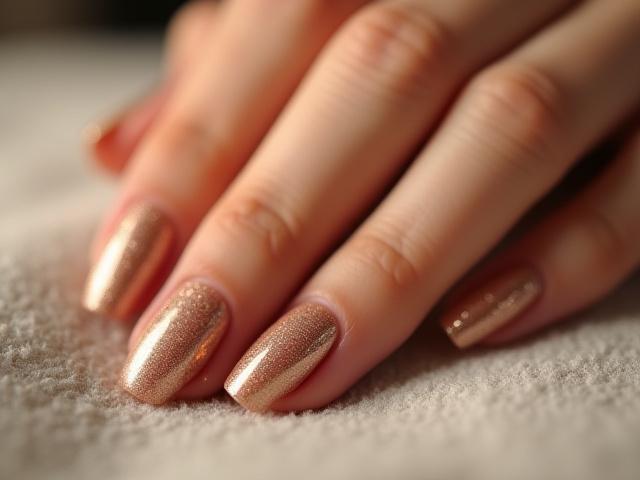 Manicure nude dengan kuku aksen glitter halus di jari manis.