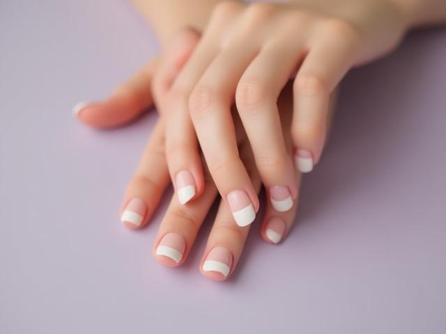 Manicure French moden dengan garisan nipis dan kemasan matte.
