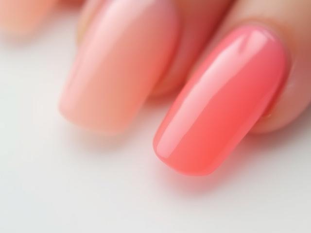 Kuku ombre gradien lembut dari merah jambu ke putih.