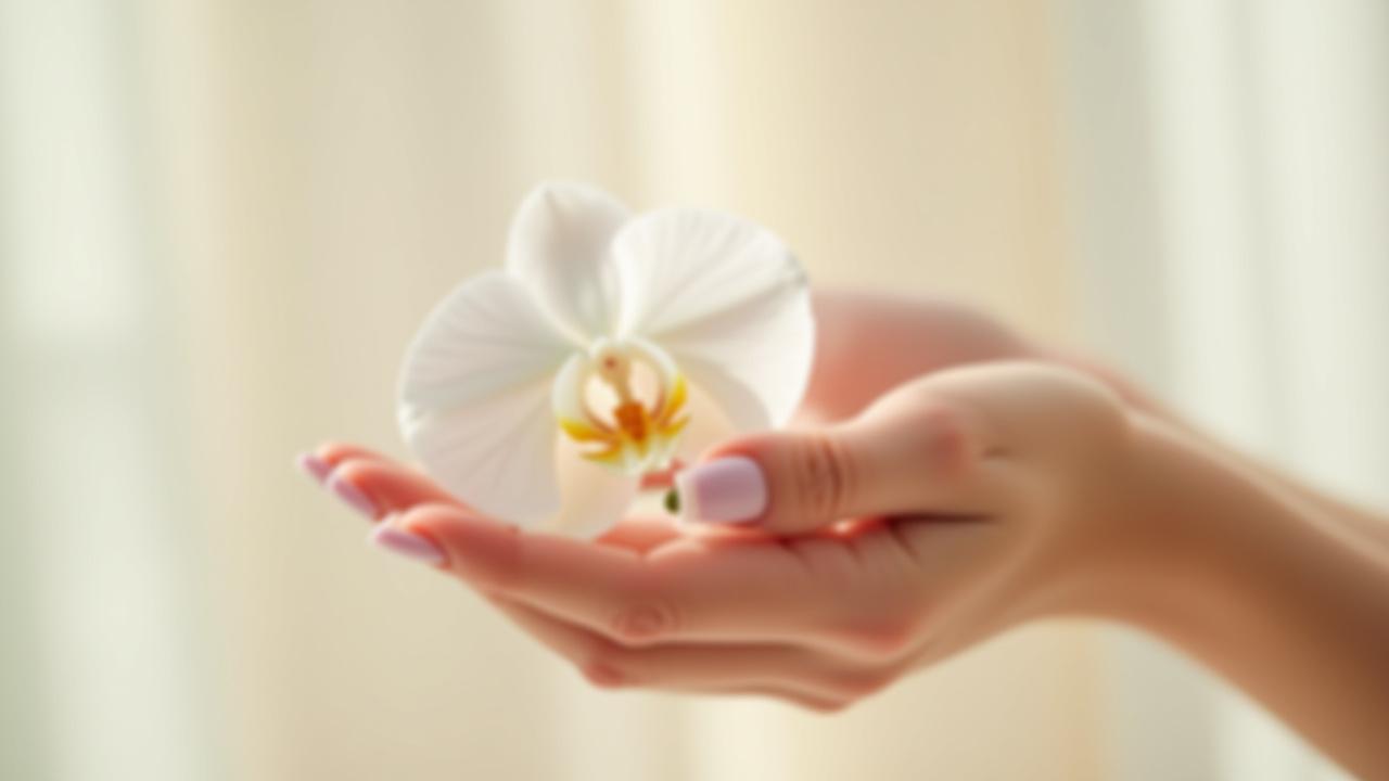 Kuku yang siap sempurna dengan warna elegan, dipegang bersama bunga.