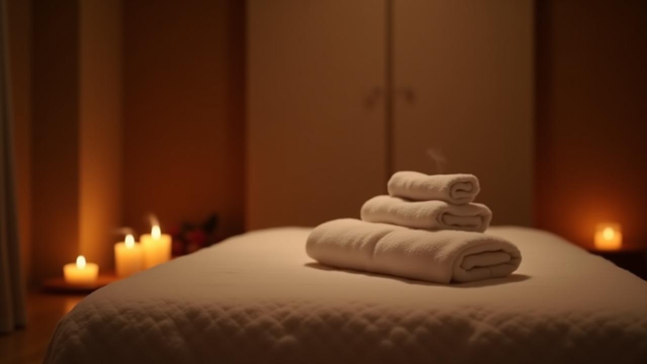 Bilik urut yang malap dengan lilin dan tuala yang tersusun rapi