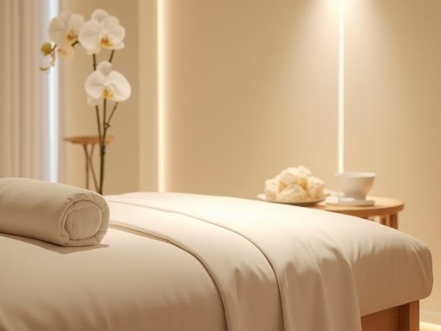 Bilik rawatan urut peribadi dengan pencahayaan lembut