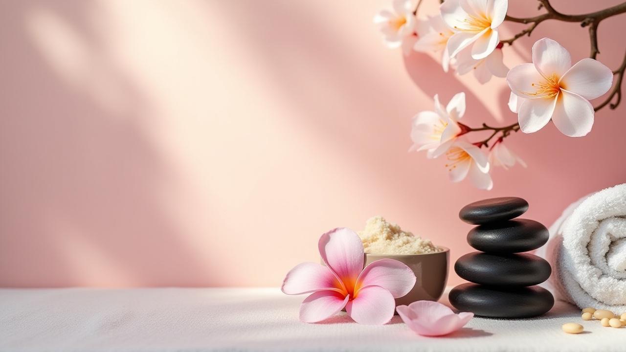 Meja spa yang menenangkan dengan tuala bersih, bunga, dan batu panas, sedia untuk rawatan mewah.